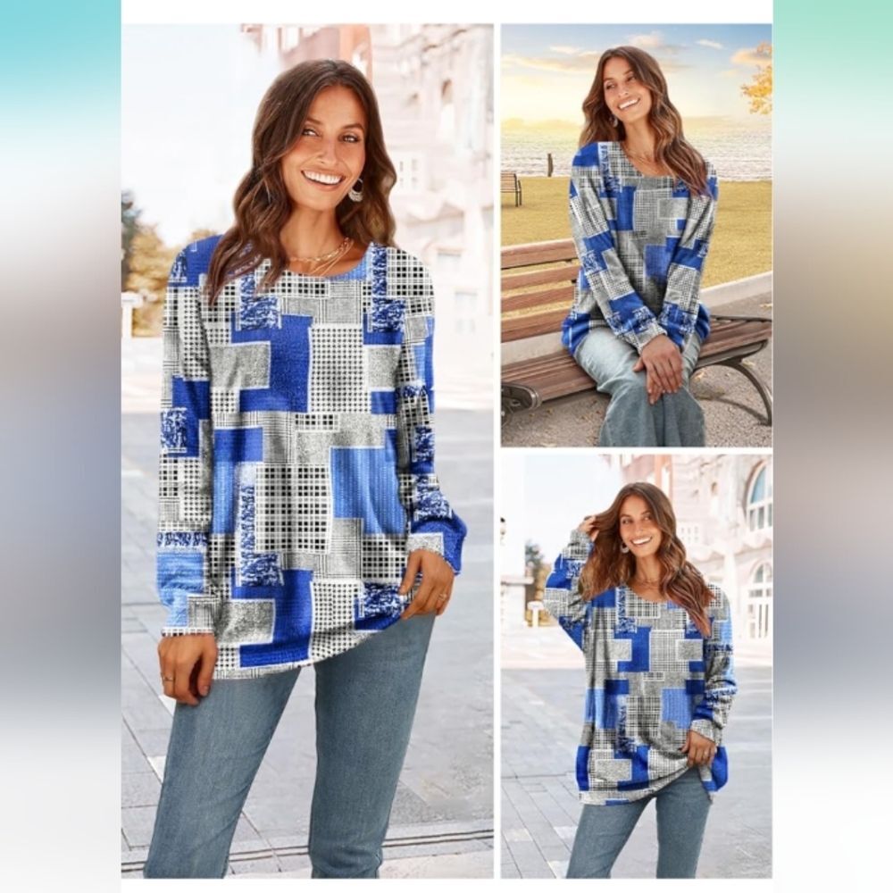 Blue Patchwork Long Sleeve Super Soft Oversized Sweater Size L NWOT P2P 25 In